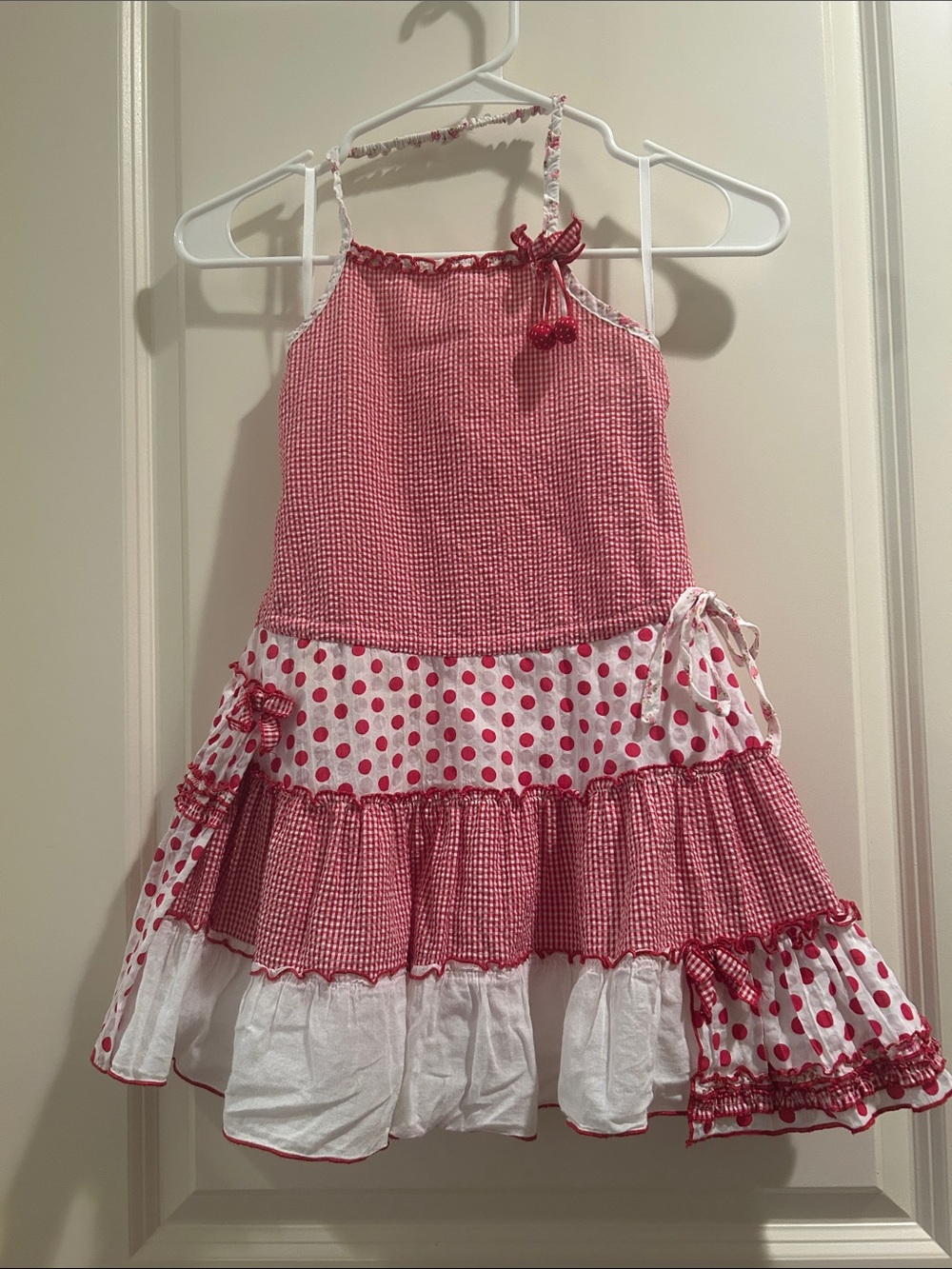 Kate Mack Patchwork Gingham Polka Dot Tiered Halter Sundress size 6 Red & White